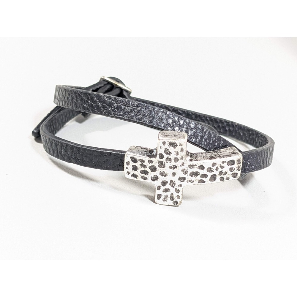 Premier Designs Hammered Silver Tone Cross Black Wrap Bracelet‎ 22"